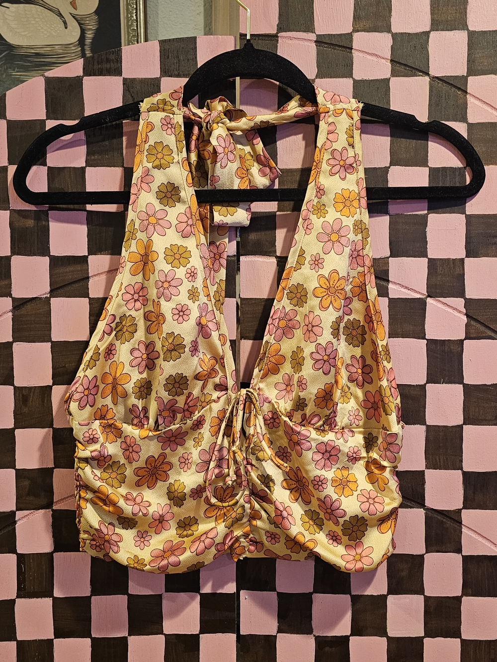 Cotton Candy Floral Halter Crop Top in Pink, Yellow, Brown